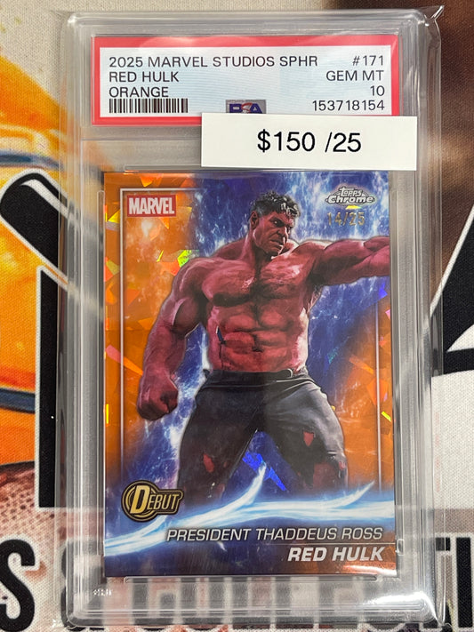 2025 Topps Chrome Sapphire Marvel Studios Red Hulk President Thaddeus Ross Debut Orange Cracked Ice /25 PSA 10