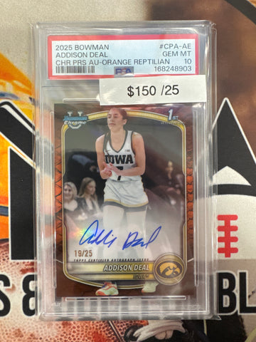 2025 Bowman Basketball Addison Deal Chrome Prospect Autograph Orange Reptilian /25 PSA 10