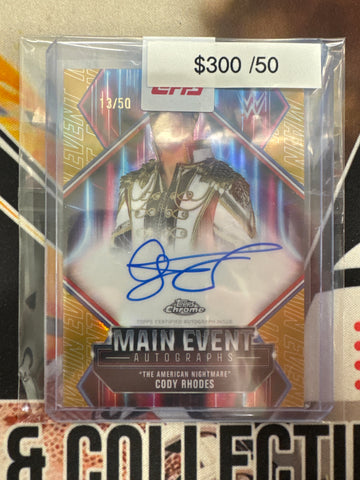 2026 Topps Chrome WWE Cody Rhodes Main Event Autograph “The American Nightmare” Gold Refractor /50