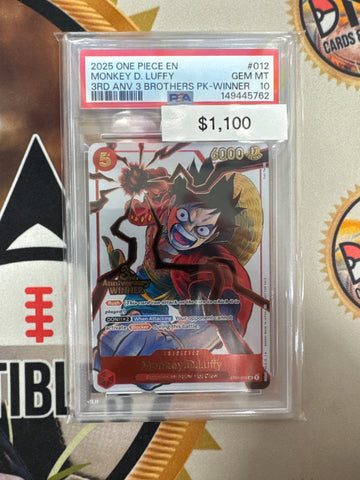 2025 One Piece English Monkey.D.Luffy 3rd Anniversary 3 Brothers Pack Winner ST01-012 PSA 10