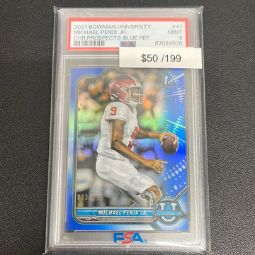 2021 NFL Bowman University Michael Penix Jr 1st Bowman Chrome Prospects Blue Refractor /199 PSA 9