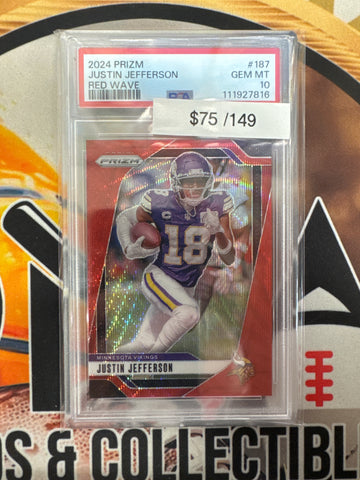 2024 Panini Prizm NFL Justin Jefferson Red Wave Prizm /149 PSA 10