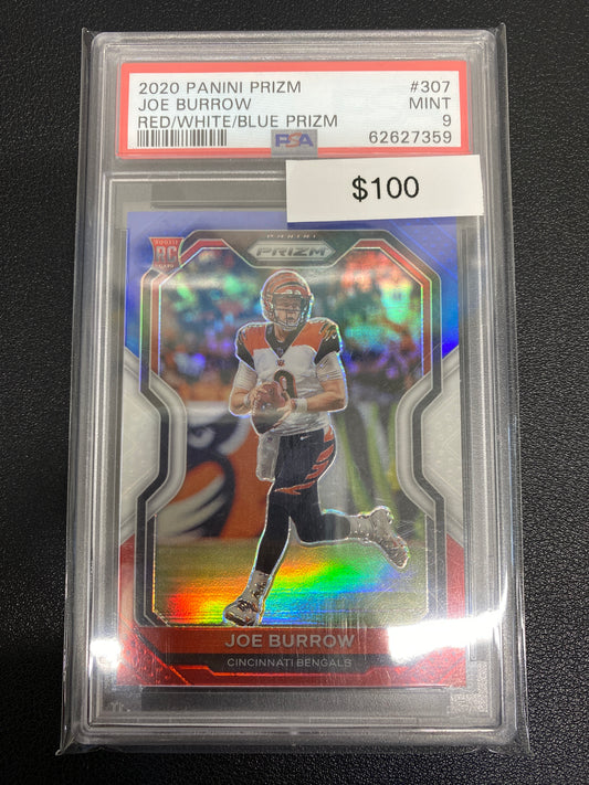 2020 Prizm Joe Burrow Red, White, & Blue Rookie PSA 9