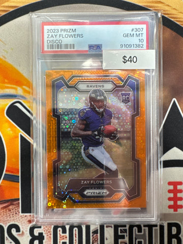 2023 Panini Prizm NFL Zay Flowers Rookie Orange Disco Prizm PSA 10