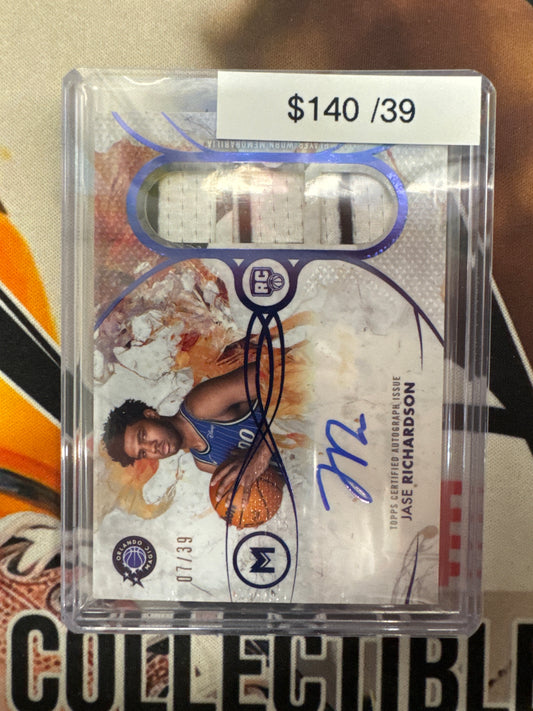 2026 Topps Motif Basketball Jase Richardson Rookie Triple Relic Autograph Blue Refractor /39