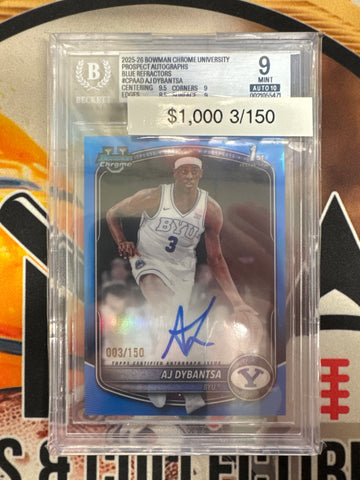 2025 Bowman Basketball AJ Dybantsa Chrome Prospect Autograph Blue Refractor 3/150 (Jersey Number) BGS 9 Autograph 10