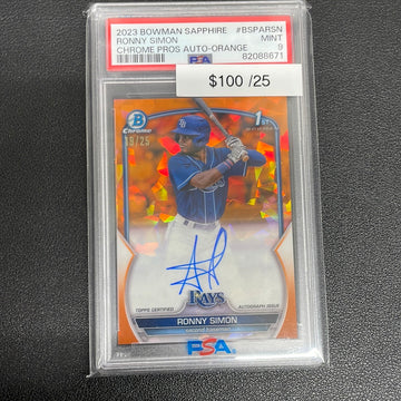 2023 MLB Ronny Simon 1st Bowman Chrome Orange Sapphire Auto /25 PSA 9