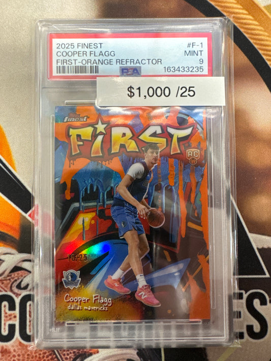 2025 Topps Finest NBA Cooper Flagg Rookie First Orange Refractor /25 PSA 9