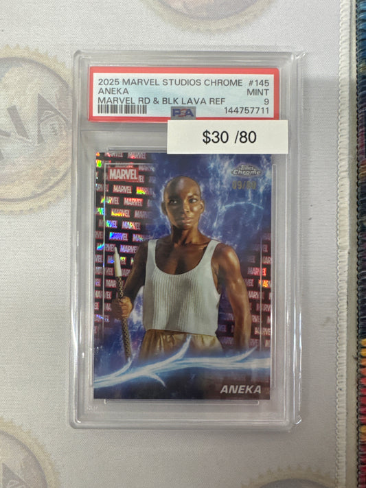 2025 Topps Marvel Studios Chrome Aneka Marvel Red & Black Lava Refractor /80 PSA 9
