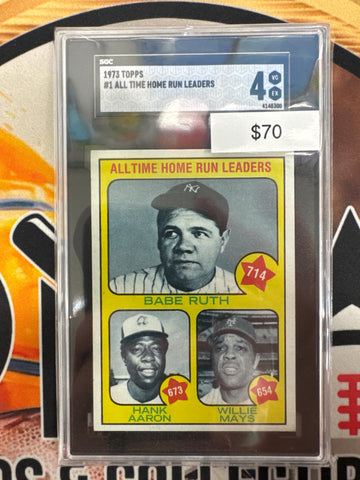 1973 Topps MLB All Time Home Run Leaders Babe Ruth, Hank Aaron & Willie Mays SGC 4