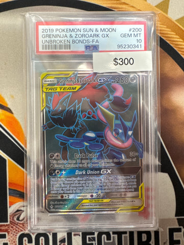 2019 Pokemon Sun & Moon Greninja & Zoroark GX 200/214 Unbroken Bonds Full Art PSA 10