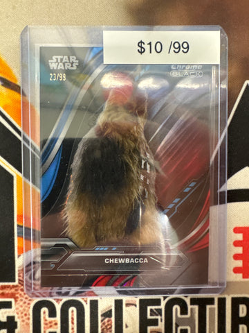 2025 Topps Chrome Black Star Wars Chewbacca Red & Blue Raywave Refractor /99