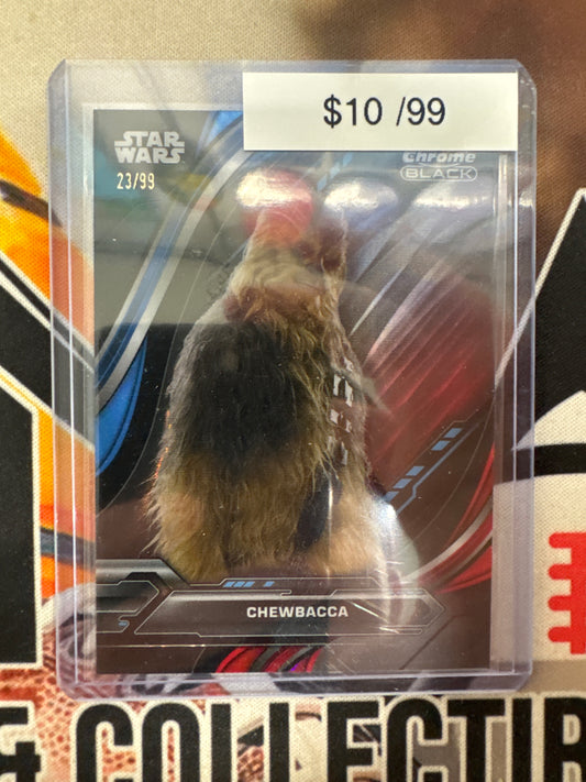 2025 Topps Chrome Black Star Wars Chewbacca Red & Blue Raywave Refractor /99