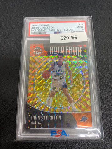 2020 Panini Mosaic NBA John Stockton HoloFame Reactive Yellow /99 PSA 9