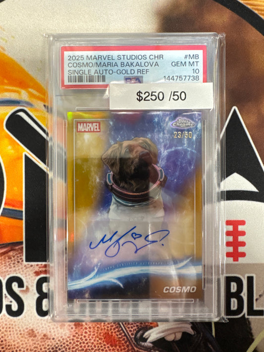 2025 Topps Marvel Studios Chrome Maria Bakalova As Cosmo Single Autograph Gold Refractor /50 PSA 10