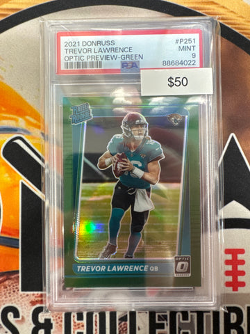 2021 Panini Donruss NFL Trevor Lawrence Rated Rookie Optic Preview Green PSA 9