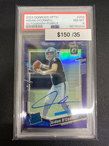 2023 Optic Aidan O’Connell Purple Rated Rookie Auto /35 PSA 8