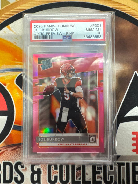 2020 Panini Donruss NFL Joe Burrow Rated Rookie Optic Preview Pink PSA 10