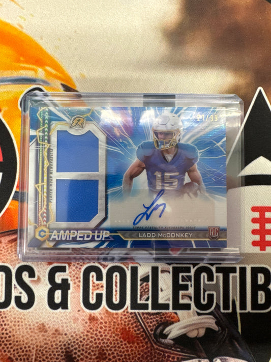 2025 Topps Resurgence Football Ladd McConkey Amped Up Rookie Patch Autograph Blue Wave /99