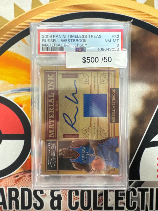 2009 Panini Timeless Treasures NBA Russell Westbrook Material Ink Autograph /50 PSA 8