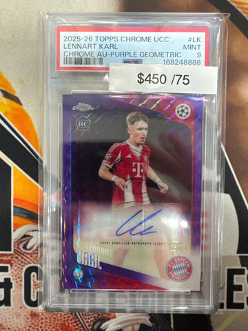 2025-26 Topps Chrome UCC Lennart Karl Rookie Chrome Autograph Purple Geometric Refractor /75 PSA 9