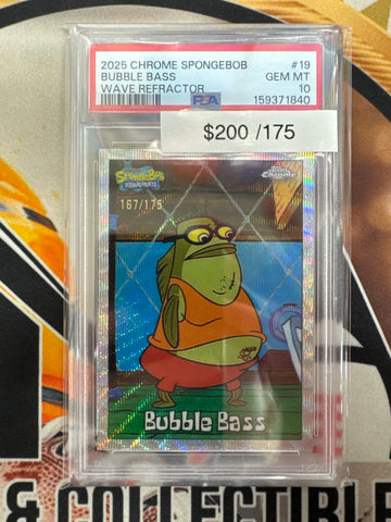 2025 Topps Chrome Spongebob Bubble Bass Silver Wave Refractor /175 PSA 10