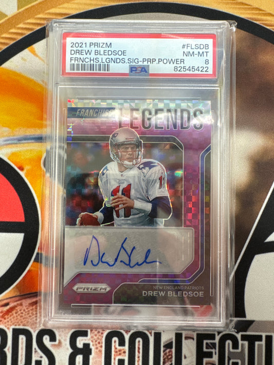2021 Panini Prizm NFL Drew Bledsoe Franchise Legends Signature Purple Power /49 PSA 8
