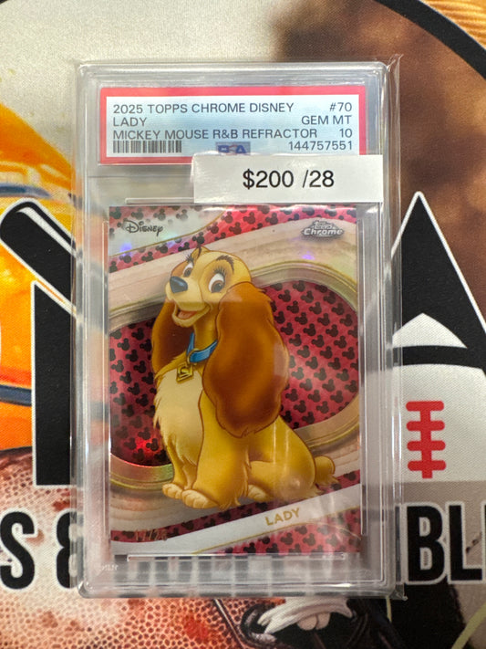 2025 Topps Chrome Disney Lady Mickey Mouse Red & Black Refractor /28 PSA 10