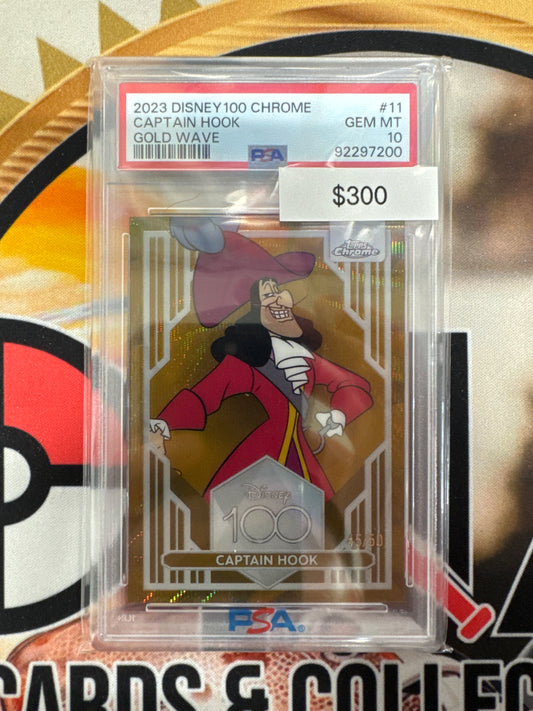 2023 Topps Disney 100 Chrome Captain Hook Gold Wave /50 PSA 10