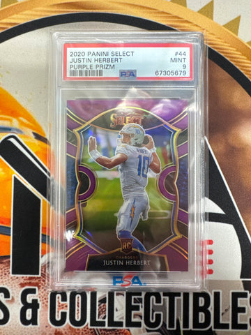 2020 Panini Select NFL Justin Herbert Rookie Purple Prizm /75 PSA 9