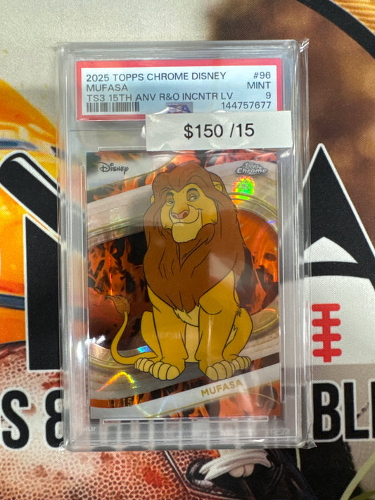 2025 Topps Chrome Disney Mufasa Toy Story 15th Anniversary Incinerator Lava Refractor /15 PSA 9