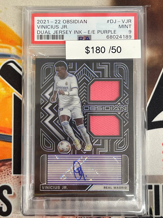 2021-22 Obsidian Soccer Vinicius Jr. Dual Jersey Ink Purple Auto /50 PSA 9