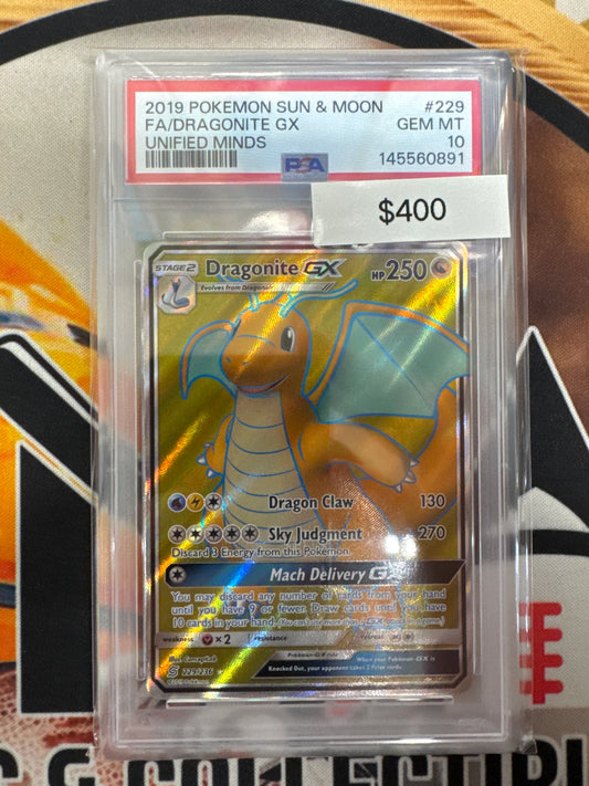 2019 Pokemon Sun & Moon Full Art Dragonite GX 229/236 Unified Minds PSA 10