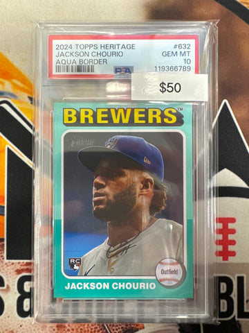 2024 Topps Heritage MLB Jackson Chourio Rookie Aqua Border PSA 10