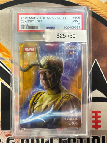 2025 Topps Chrome Marvel Studios Sapphire Classic Loki Gold Refractor /50 PSA 9