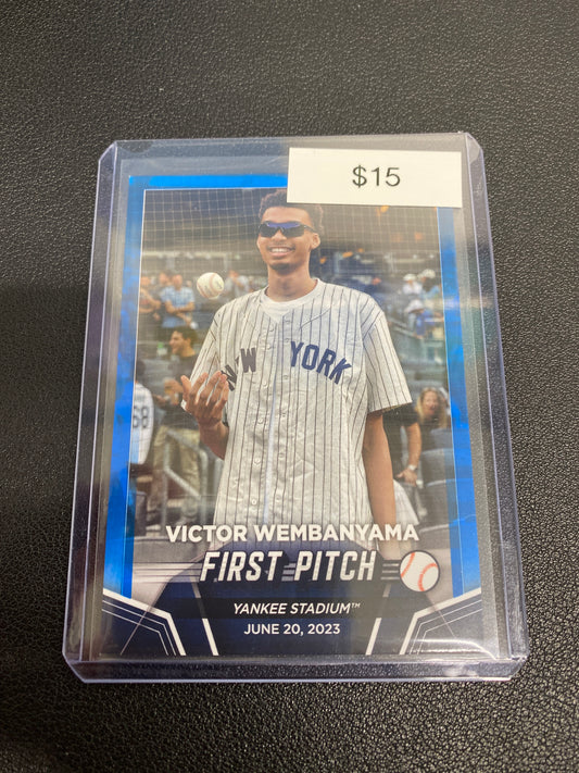 2024 Topps MLB First Pitch Victor Wembanyama Blue Border Yankee Stadium