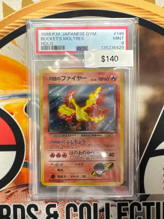 1999 Pokemon Japanese Gym Rocket’s Moltres No. 146 Holo PSA 9 Swirl