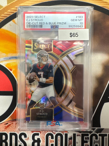 2023 Panini Select NFL C.J. Stroud Rookie Die-Cut Red & Blue Prizm PSA 10