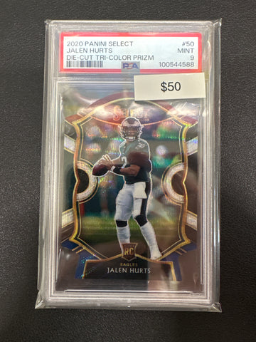 2020 Panini Select NFL Jalen Hurts Die-Cut Tri-Color Prizm Rookie PSA 9