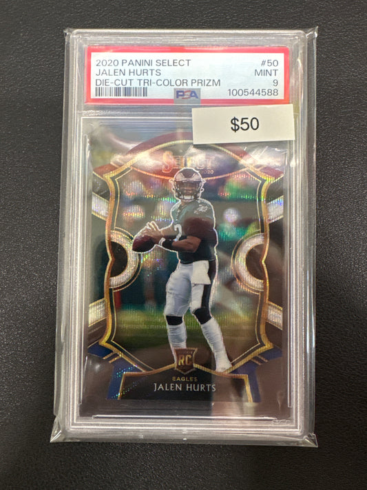 2020 Panini Select NFL Jalen Hurts Die-Cut Tri-Color Prizm Rookie PSA 9