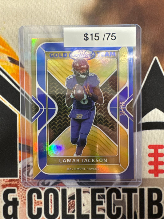 2024 Panini Certified NFL Lamar Jackson Gold Team Blue Prizm /75