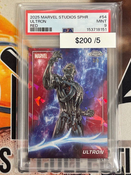 2025 Topps Chrome Sapphire Marvel Studios Ultron Red Cracked Ice /5 PSA 9