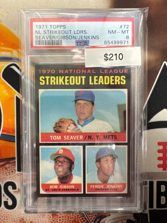 1971 Topps MLB National League Strikeout Leaders Tom Seaver, Bob Gibson & Fergie Jenkins PSA 8
