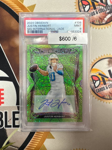 2024 Panini Obsidian NFL Justin Herbert Autograph International Jade Prizm /6 PSA 9