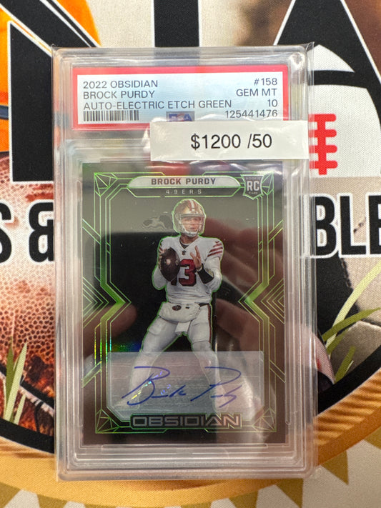 2022 Panini Obsidian NFL Brock Purdy Rookie Autograph Electric Etch Green /50 PSA 10