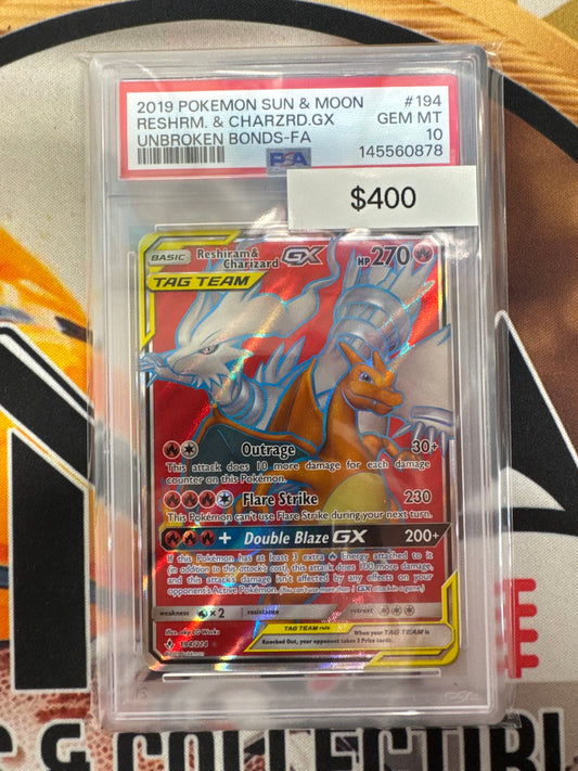 Pokémon Sun & Moon Reshiram & Charizard EX Unbroken Bonds FA 194/214 PSA 10