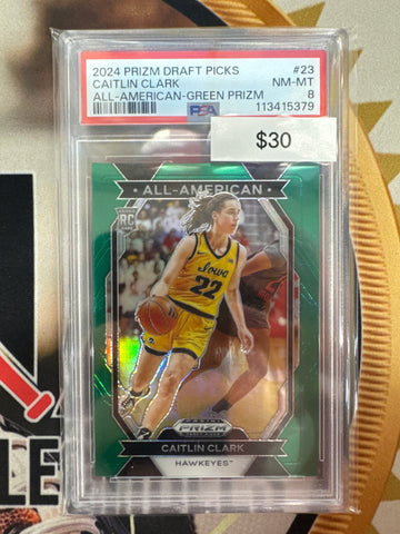 2024 Panini Prizm Draft Pickcs Basketball Caitlin Clark All-American Green Prizm PSA 8