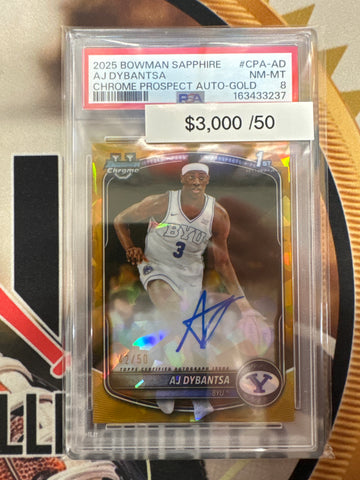 2025 Bowman Sapphire Basketball AJ Dybantsa Chrome Prospect Autograph Gold Refractor /50 PSA 8