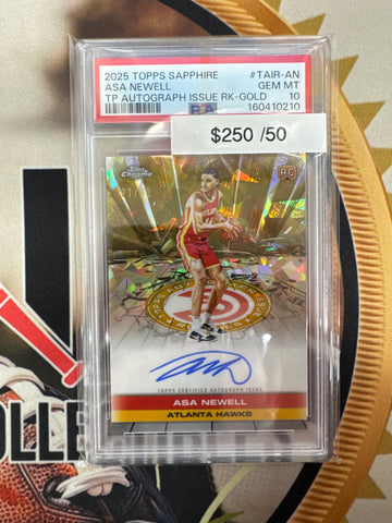 2025 Topps Chrome NBA Sapphire Asa Newell TP Autograph Issue Rookie Gold Refractor /50 PSA 10
