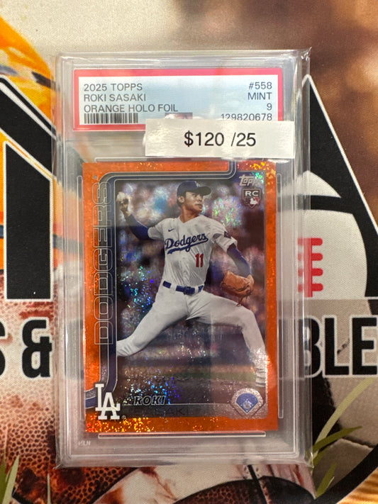 2025 Topps MLB Series 2 Roki Sasaki Rookie Orange Holo Foil /25 PSA 9